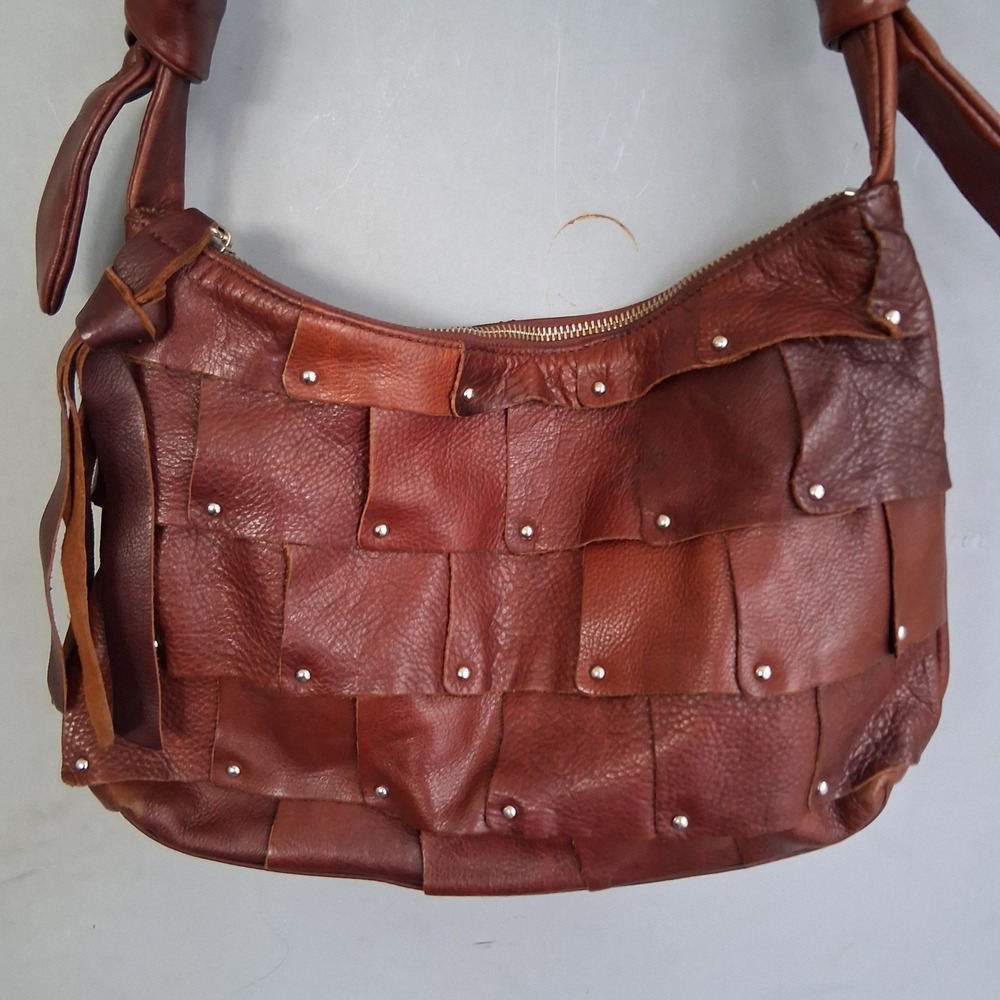 B Makowsky Brown Patchwork Leather Studded Shoulder Bag Boho Hobo EUC STUNNING